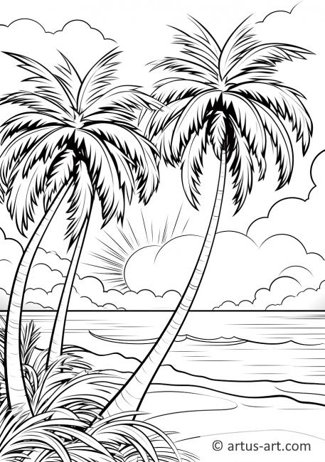 Pagina da colorare con tramonto tropicale e palme